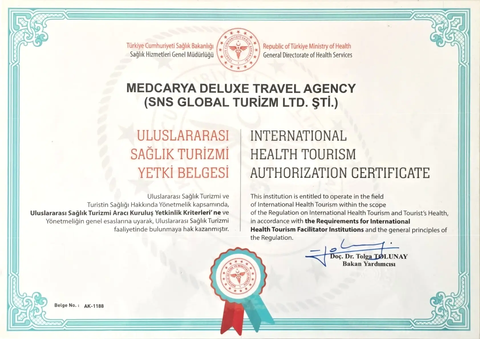 MedCarya Health Tourism & Accreditation Certificate - International Health Tourism Authorization Certificate